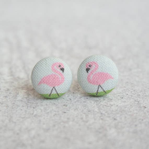 Pink Flamingos Fabric Button Earrings