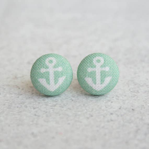 Seafoam Anchor Fabric Button Earrings