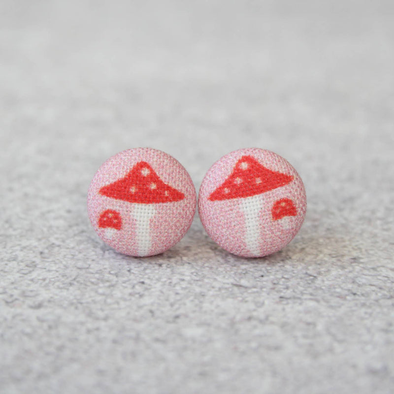 Pink Mushroom Fabric Button Earrings