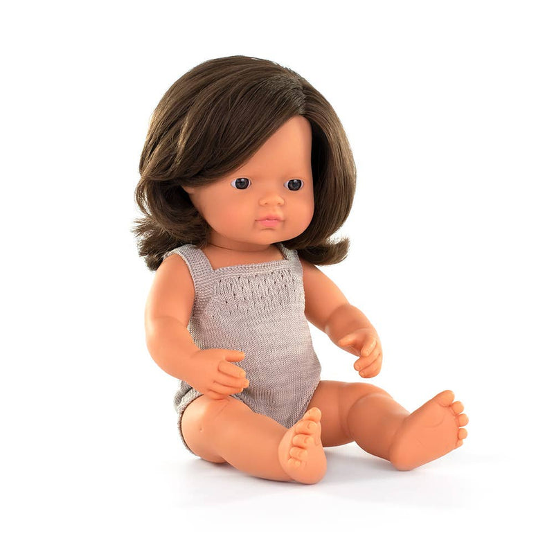 Colourful Doll Caucasian Brunette Girl 15” Grey rompers