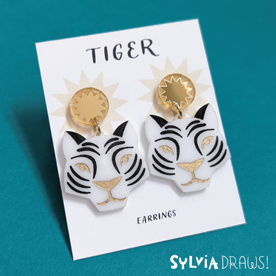 White and Gold Tiger Dangle Earrings with Sunburst