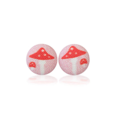 Pink Mushroom Fabric Button Earrings