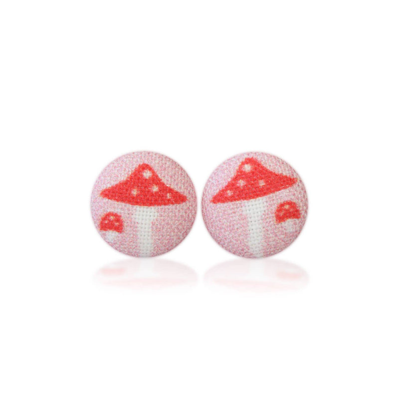 Pink Mushroom Fabric Button Earrings