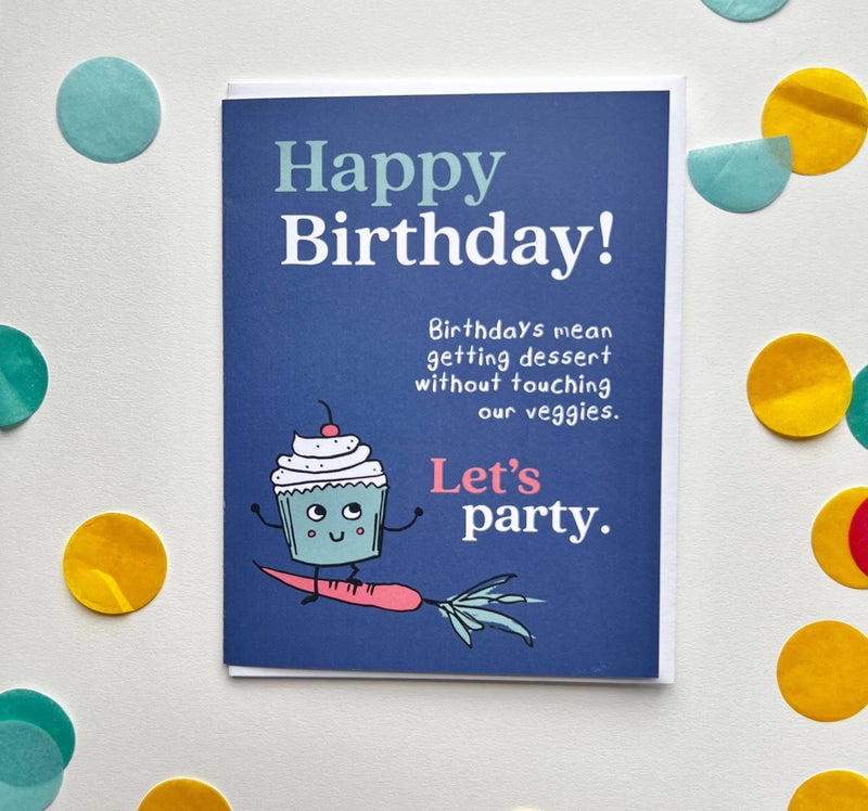 Funny Kids Happy Birthday Card—cupcake and carrot