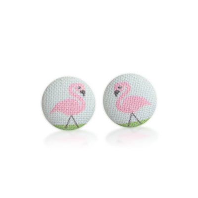 Pink Flamingos Fabric Button Earrings
