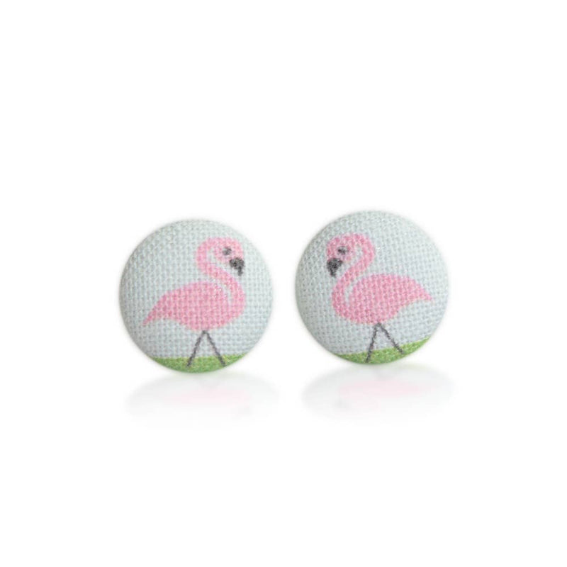 Pink Flamingos Fabric Button Earrings