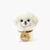 Tama, 18cm plush dog with collar and its faux fur basket