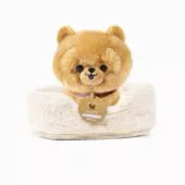 Loki, 18cm plush dog with collar and its faux fur basket