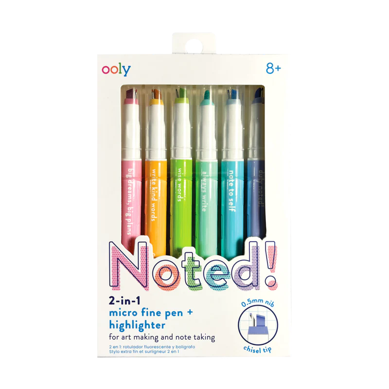 noted! 2-in-1 micro fine tip pen and highlighters - set of 6