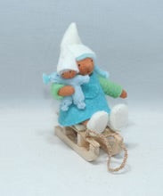 Cave Gnome Sister with Doll on Sleigh (miniature bendable felt dolls)