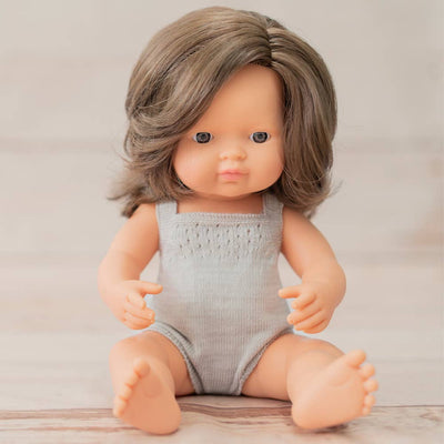 Colourful Doll Caucasian Brunette Girl 15” Grey rompers