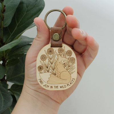 forest fox wooden keychain with leather strap