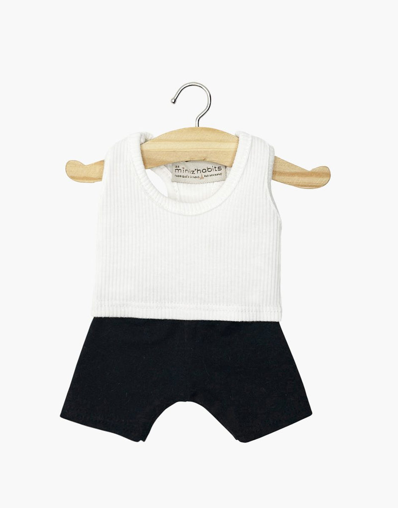 Vaslav Dance Outfit with white ribbed knit top and black lycra shorts
