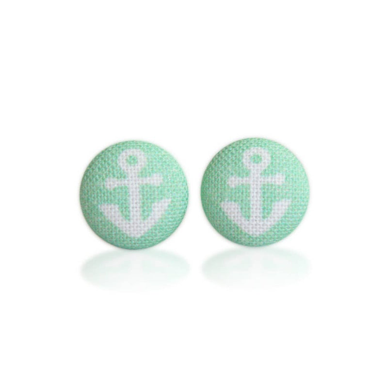 Seafoam Anchor Fabric Button Earrings