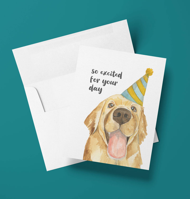 Greeting Card  - Excited Golden Retriever - Happy Birthday