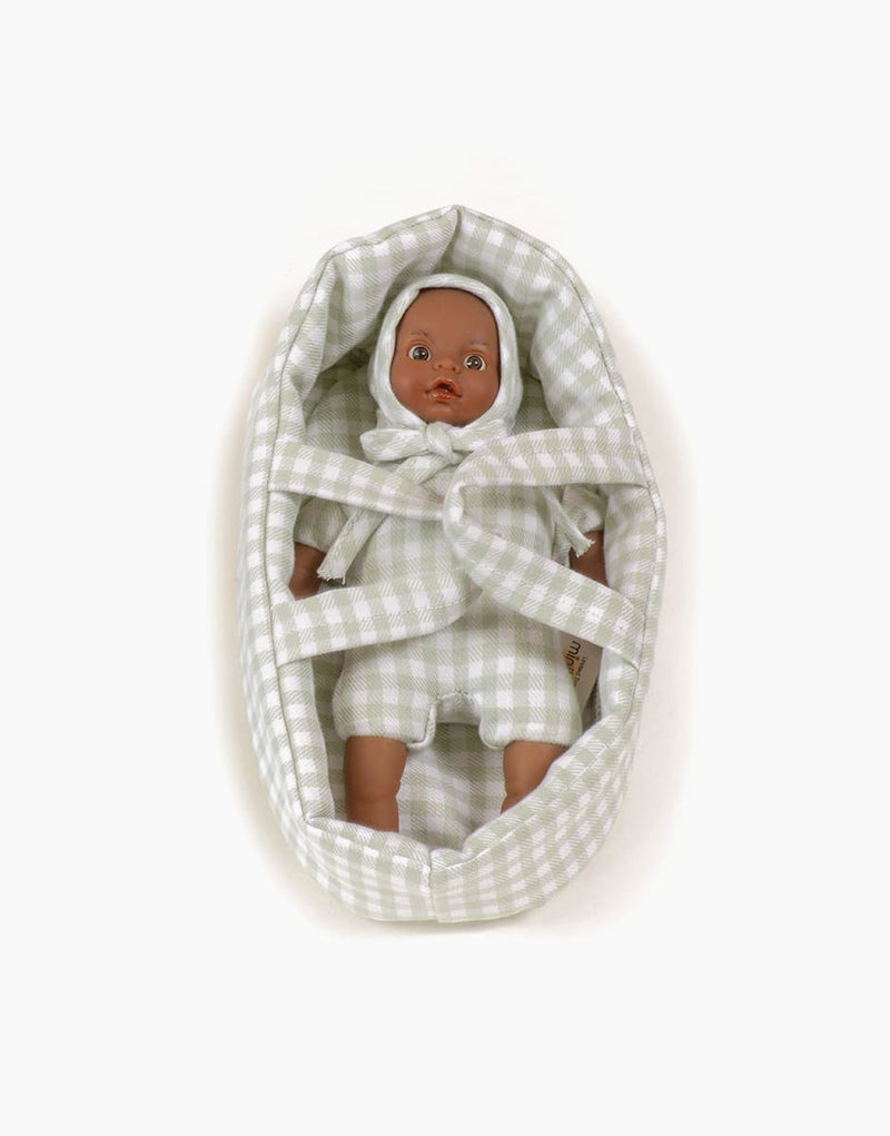 Minis – Dark-eyed Pio and his verdigris Vichy bassinet