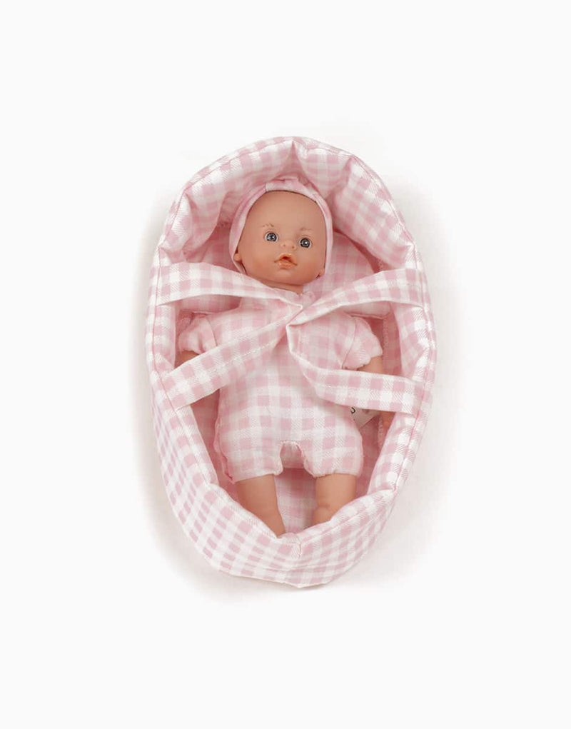 Minis – Light-eyed Tea and her petal pink Vichy bassinet