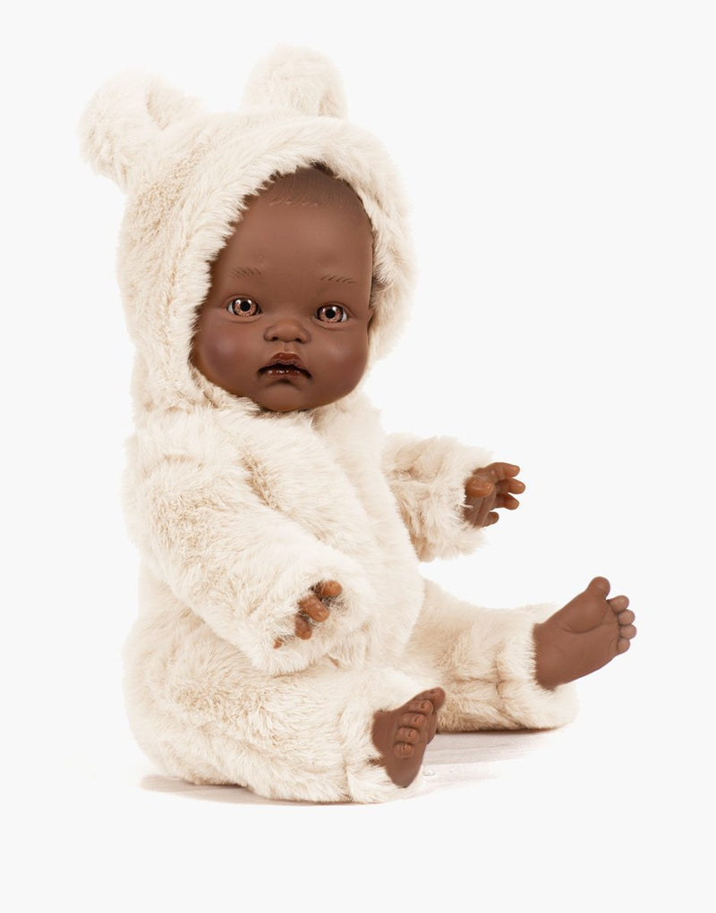 Betty, a 36cm Cuties doll, and her ecru faux fur Winnie jumpsuit