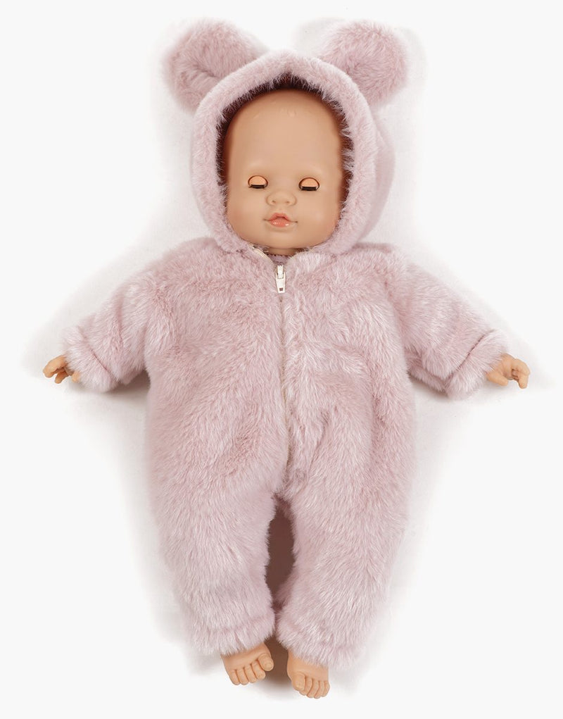 Emilie with sleeping eyes, in pink faux fur Winnie the Pooh jumpsuit