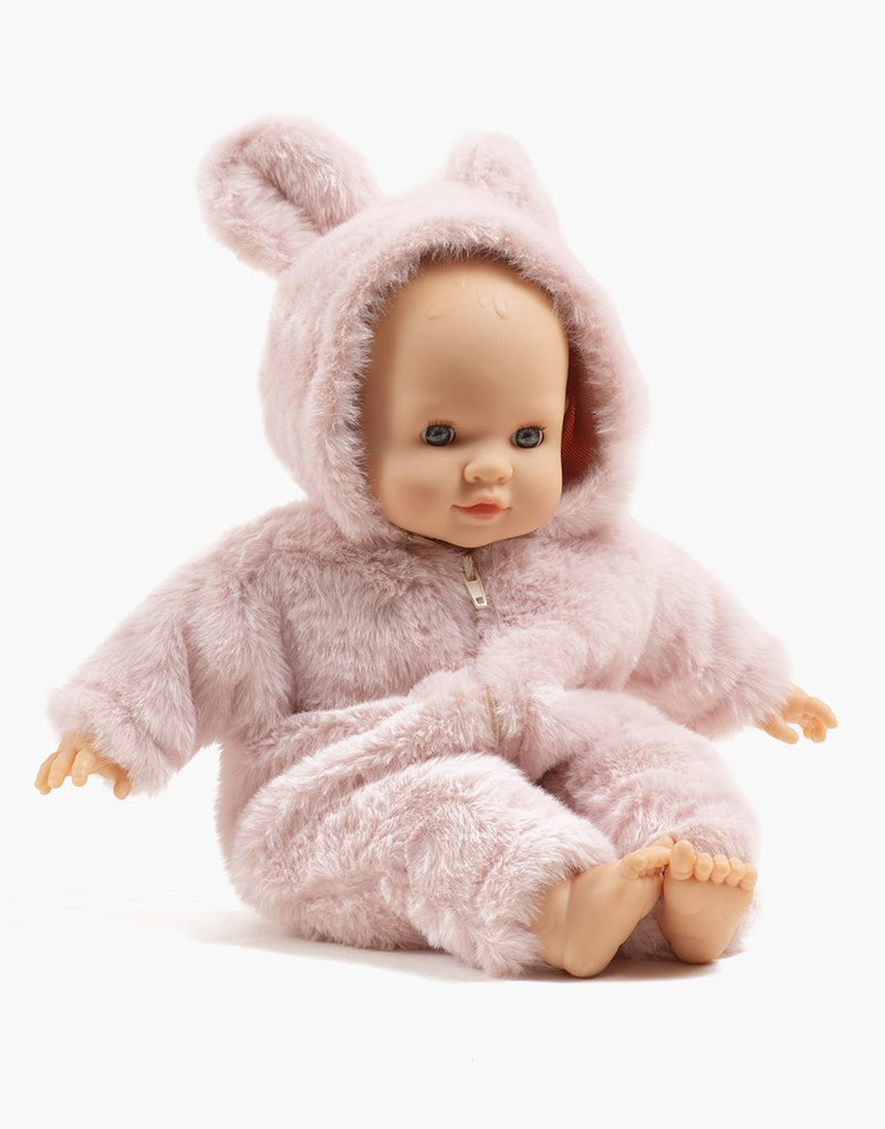 Emilie with sleeping eyes, in pink faux fur Winnie the Pooh jumpsuit