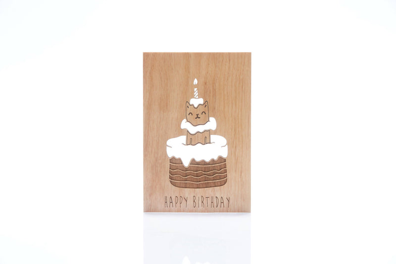 Happy Birthday Cat Cake Real Wood Card