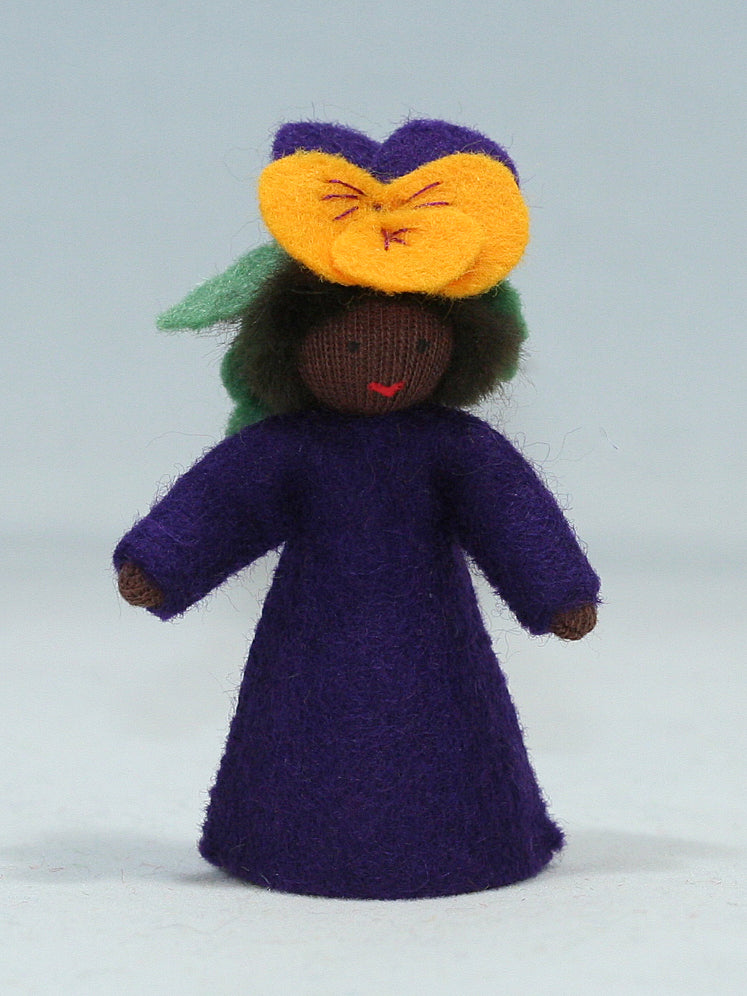 Pansy Prince (miniature standing felt doll, flower hat)