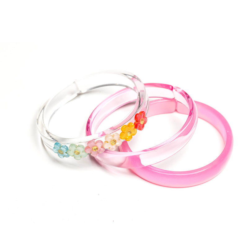 Pearl Color Flowers + Pink Bangle Bracelets (Set of 3)