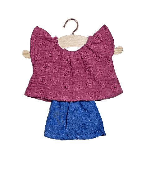 Amigas Mazarine Set in Raspberry Embroidered Cotton with Denim Polkadot Skirt