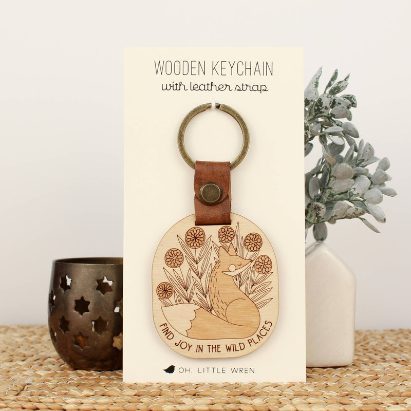 forest fox wooden keychain with leather strap