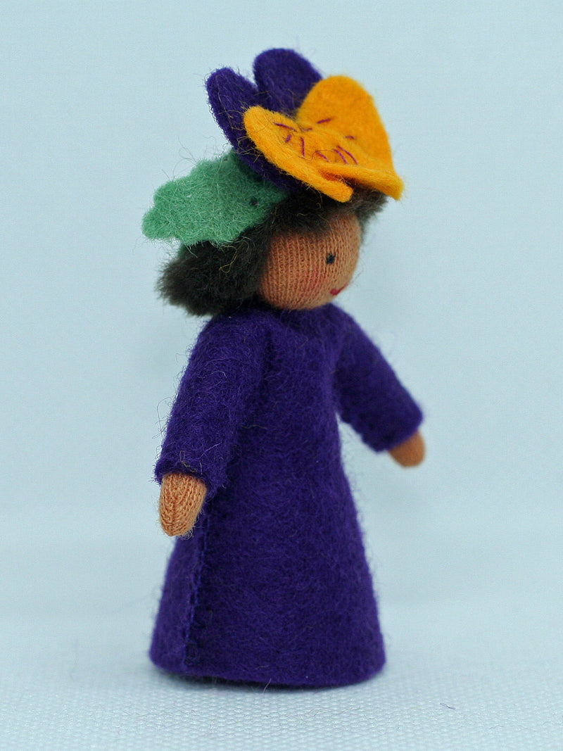 Pansy Prince (miniature standing felt doll, flower hat)