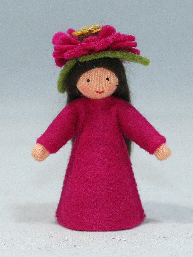 Zinnia Fairy (miniature standing felt doll, flower hat)